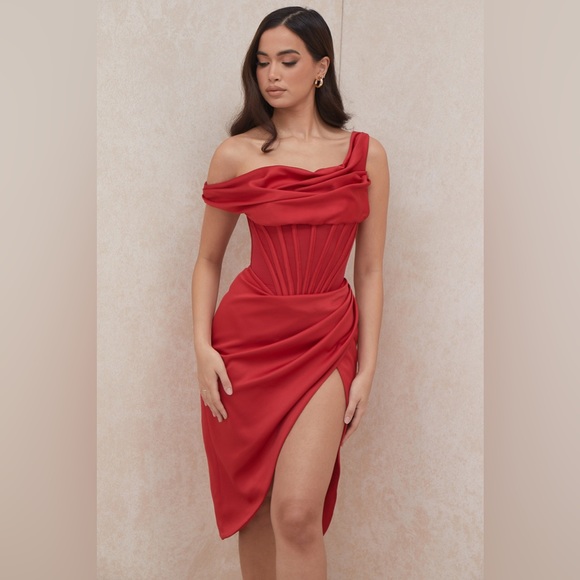 House of CB Lulu red dress- Red asymmetric draped corset midi satin dress - Picture 7 of 13